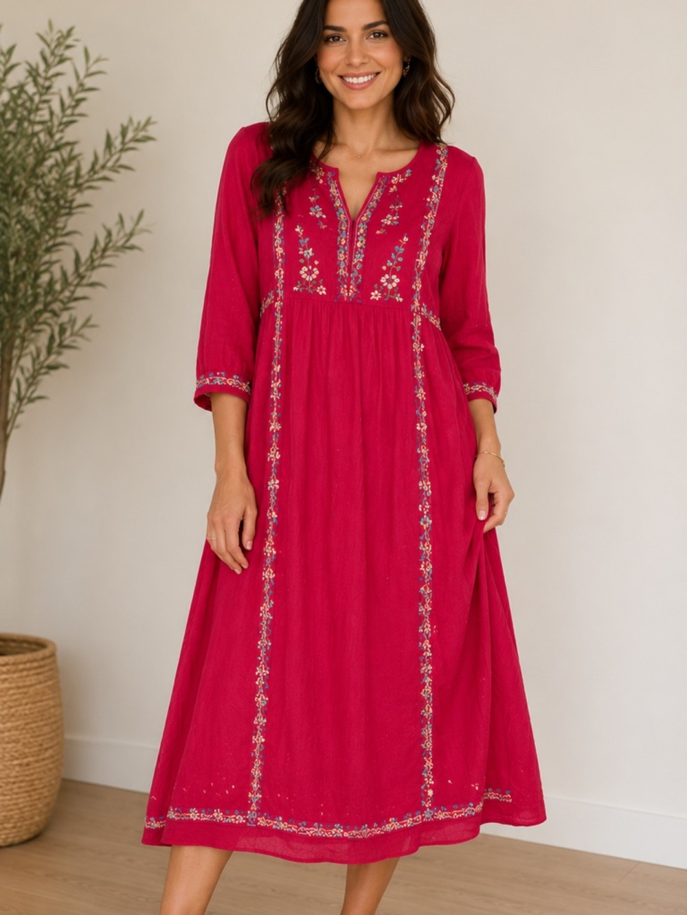 Boho Embroidered Midi Dress Indian Cotton Tassel Tie Floral Folk Art 2XL